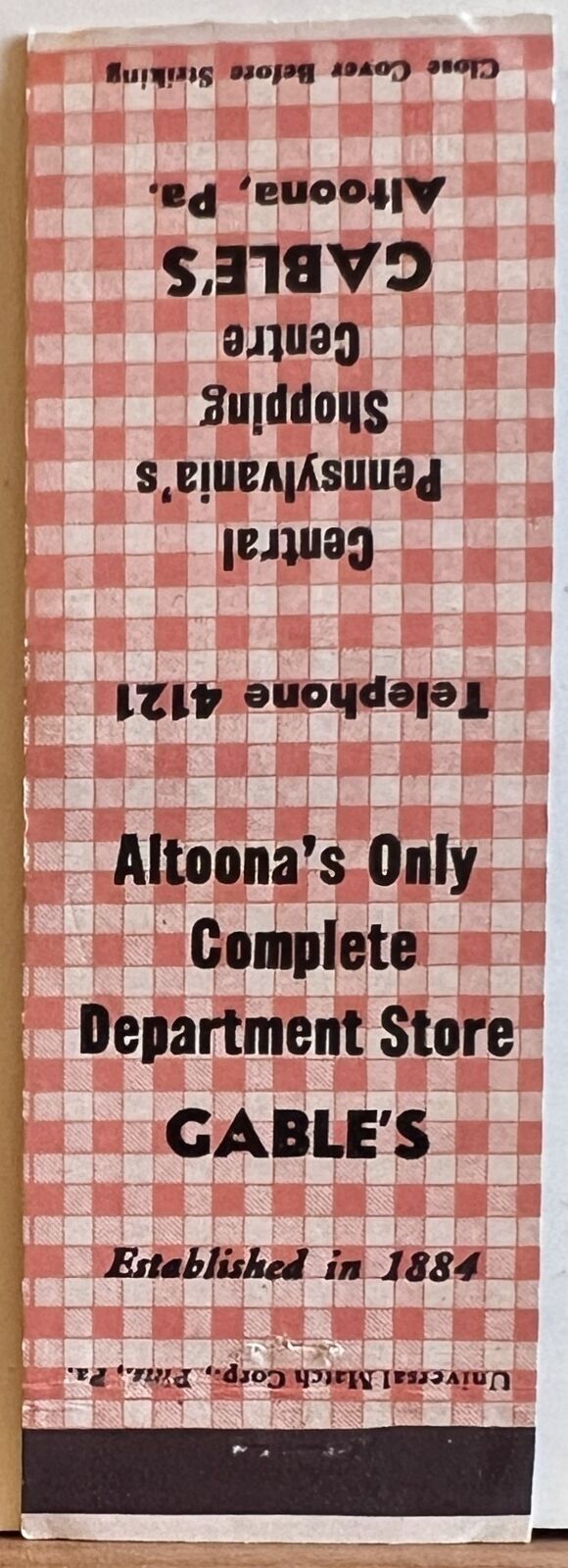 Gable\'s Department Store Altoona PA Pennsylvania Vintage Matchbook Cover