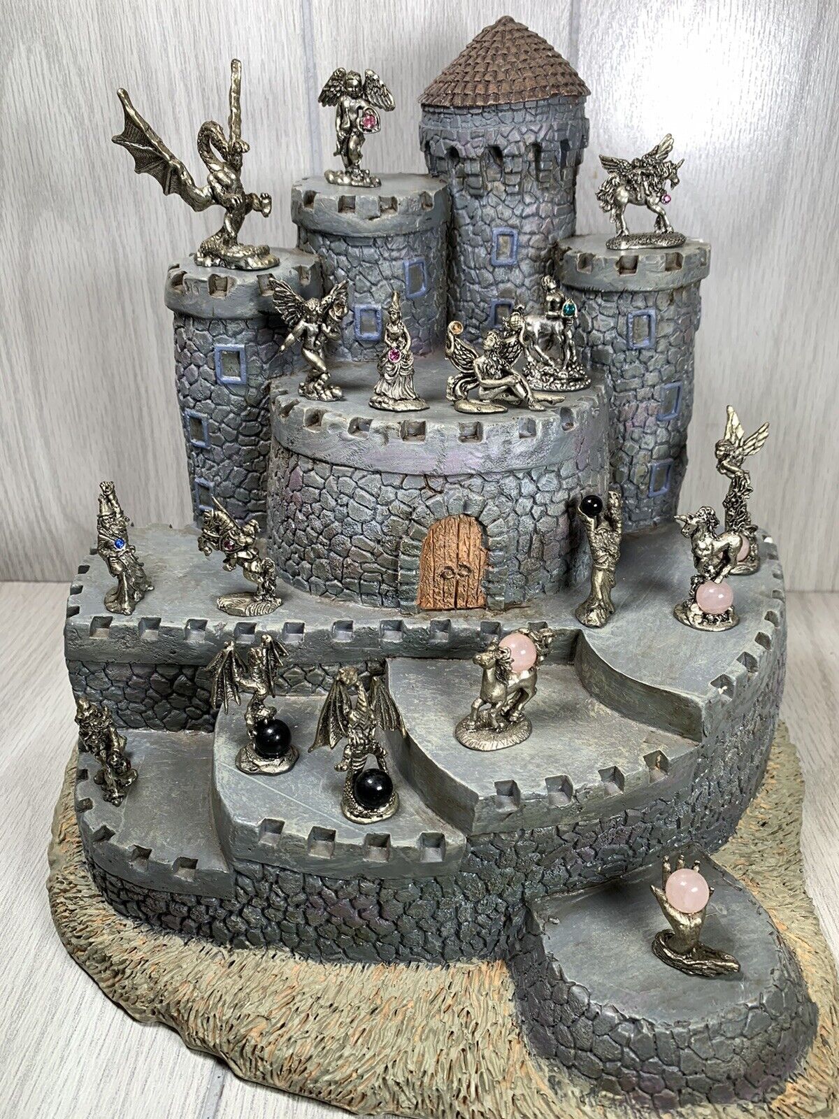 Vtg. Pewter Dragons Unicorns Warlocks & Medieval Castle Display Stand Resin