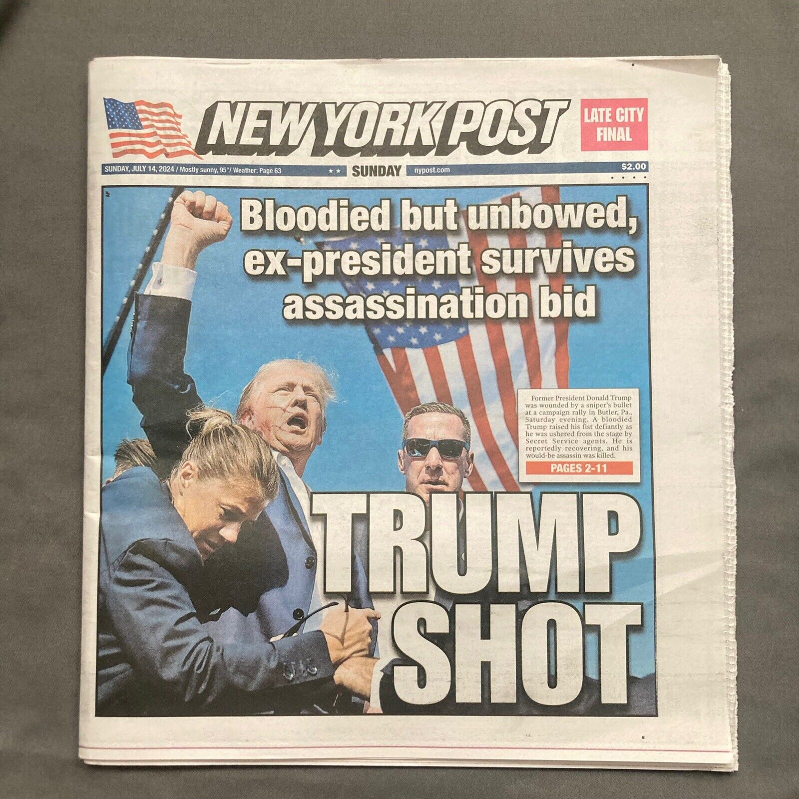 New York Post TRUMP SHOT  Late City Final Edition Newspaper  July 14 2024