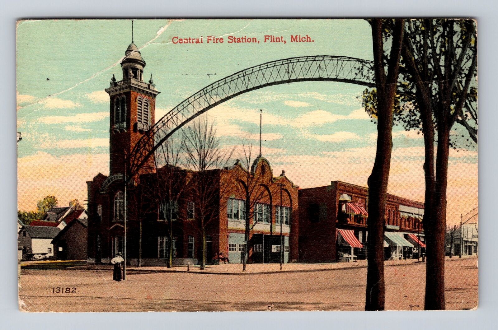 Flint MI-Michigan, Central Fire Station, Antique Vintage Souvenir Postcard