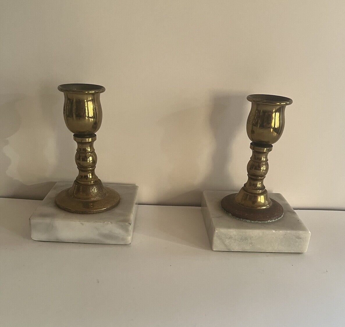 Pair Of Mounted Vtg Brass Candle Holders