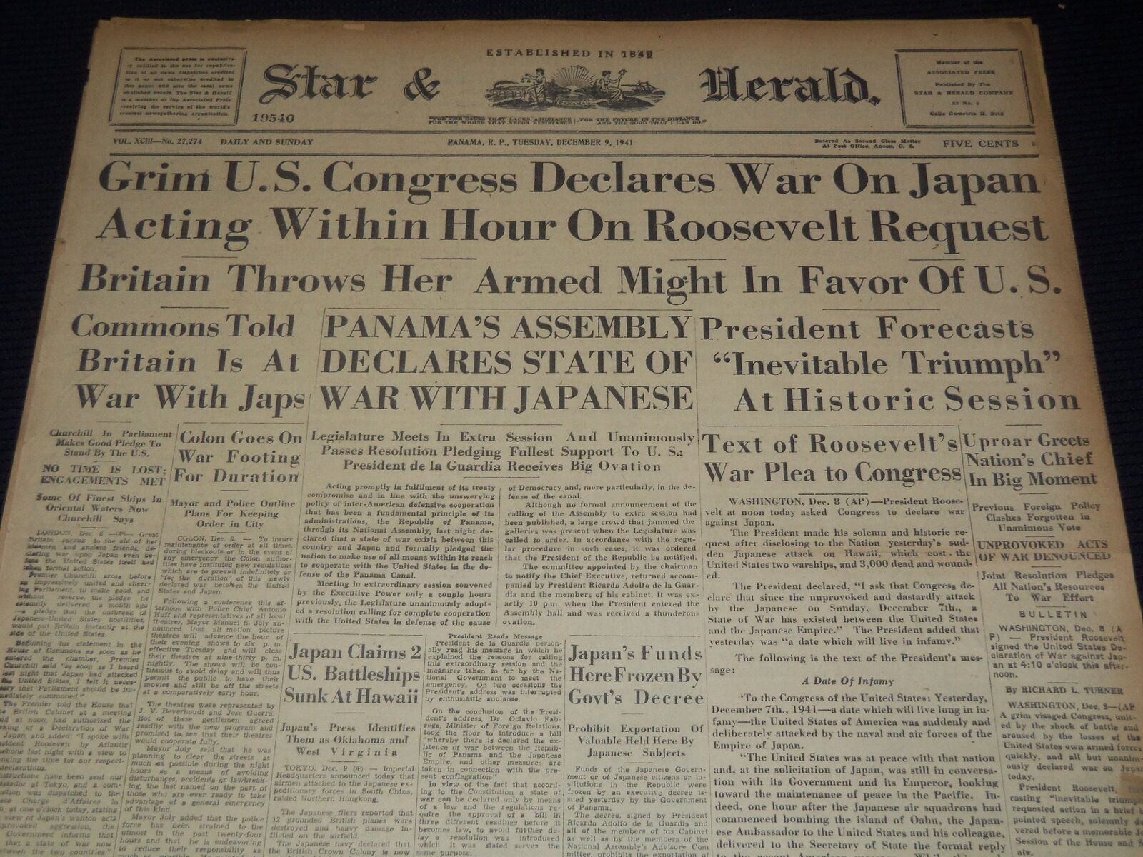 1941 DECEMBER 9 STAR & HERALD NEWSPAPER -CONGRESS DECLARES WAR ON JAPAN- NT 9568