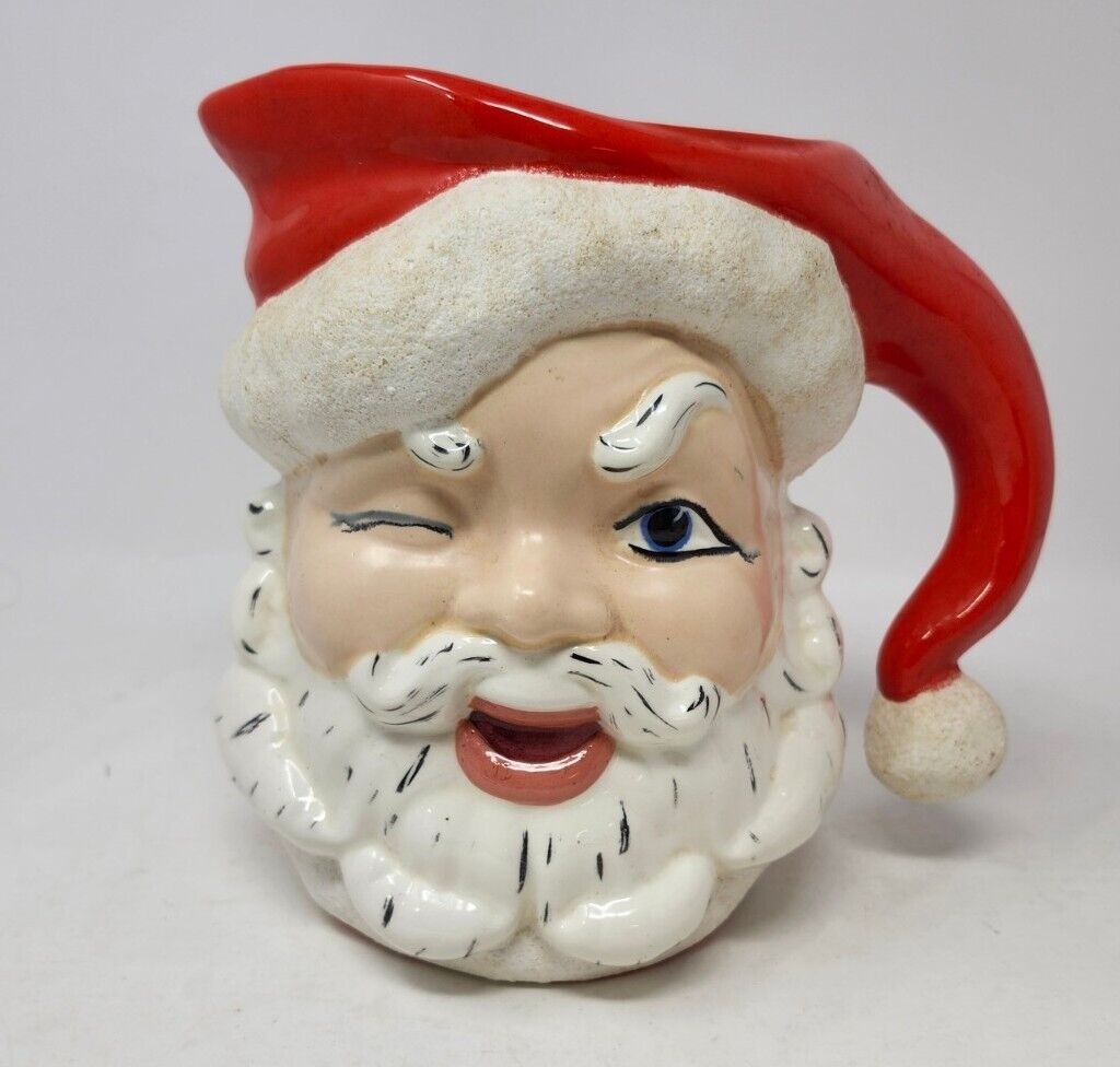 Vintage Ceramic Winking Santa Claus  Pitcher Christmas Holiday Mid Century MCM 