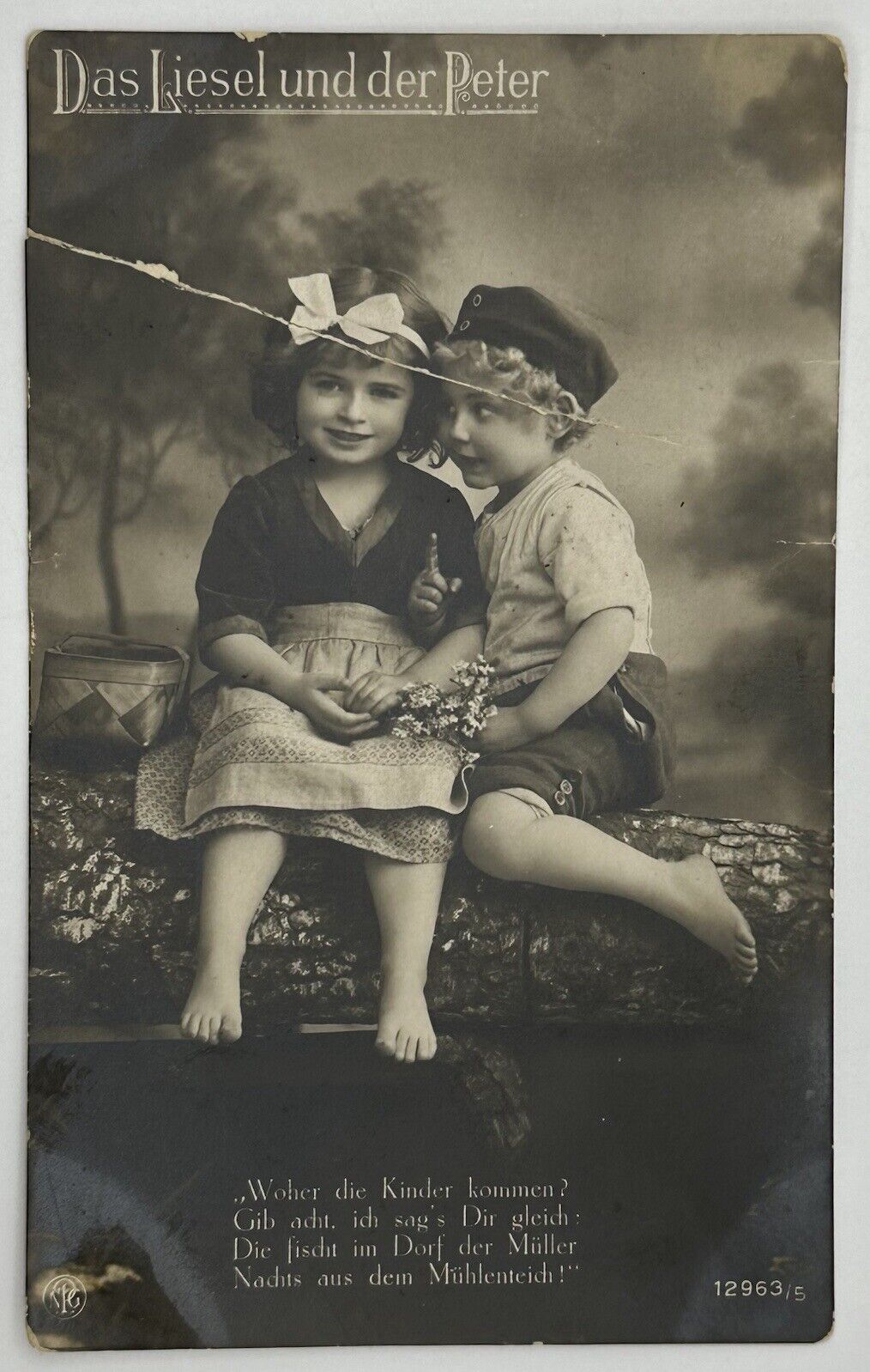 Antique 1910s German Postcard Boy & Girl Picnic In Woods On Stump