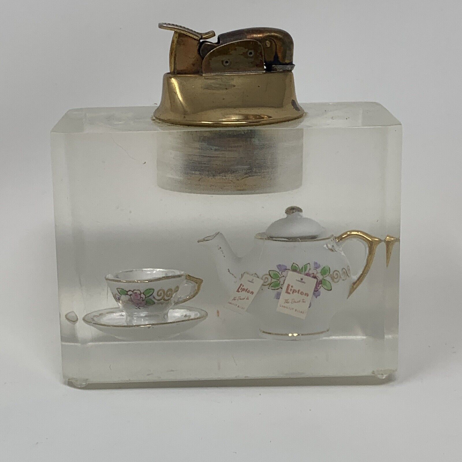 Vintage Lipton Tea Acrylic Table Lighter Advertising Refillable w/ Removable Top