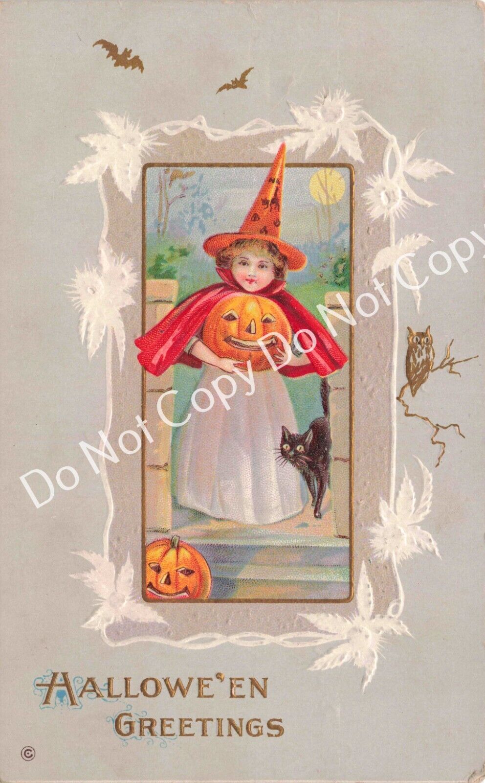Vintage Halloween Blonde Witch with JOL, Black Cat, Owl & Bats Embossed Postcard