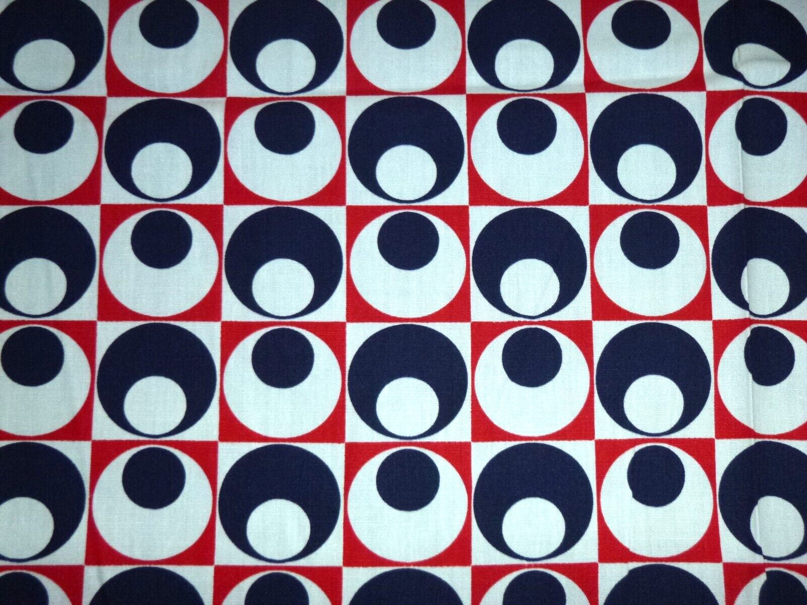Vtg Cotton Rayon Blend Fabric Op Art Geometric Red White BLue 44.5\