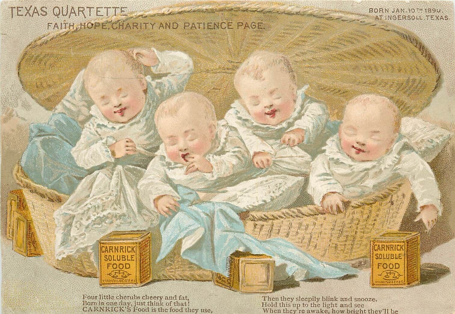 H-T-L Trade Card; Texas Quartette Quadruplets Advertise Carnrick Baby Food c1890