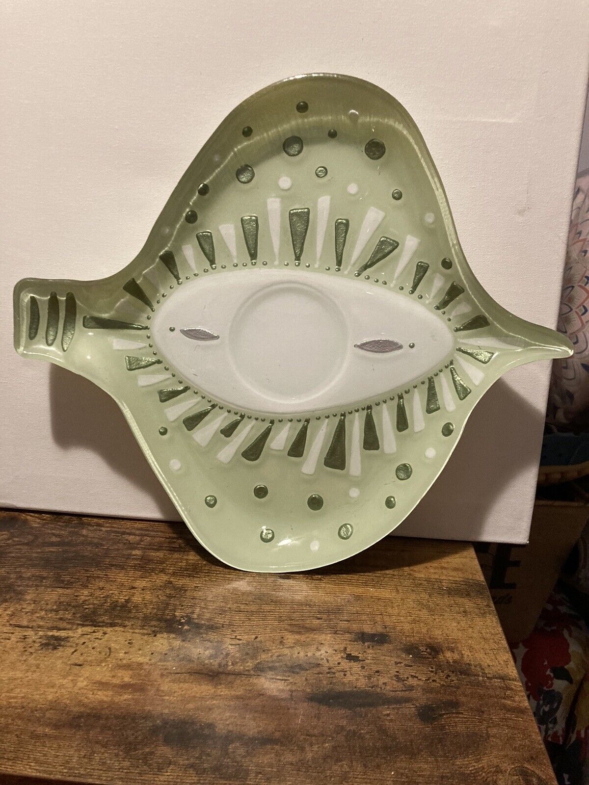 Hand Blown Mid Century Modern Chip Dip Platter Greens White Silver Preowned