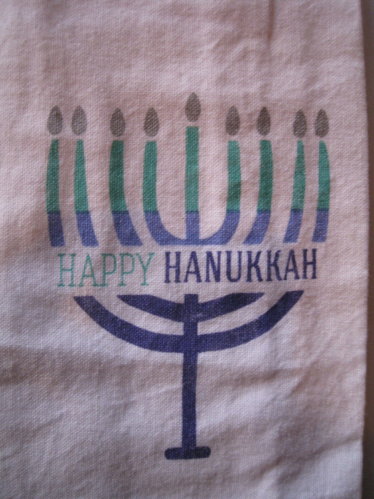 DII dish towel 100% cotton Happy Hanukkah white / blue+green menorah EUC 