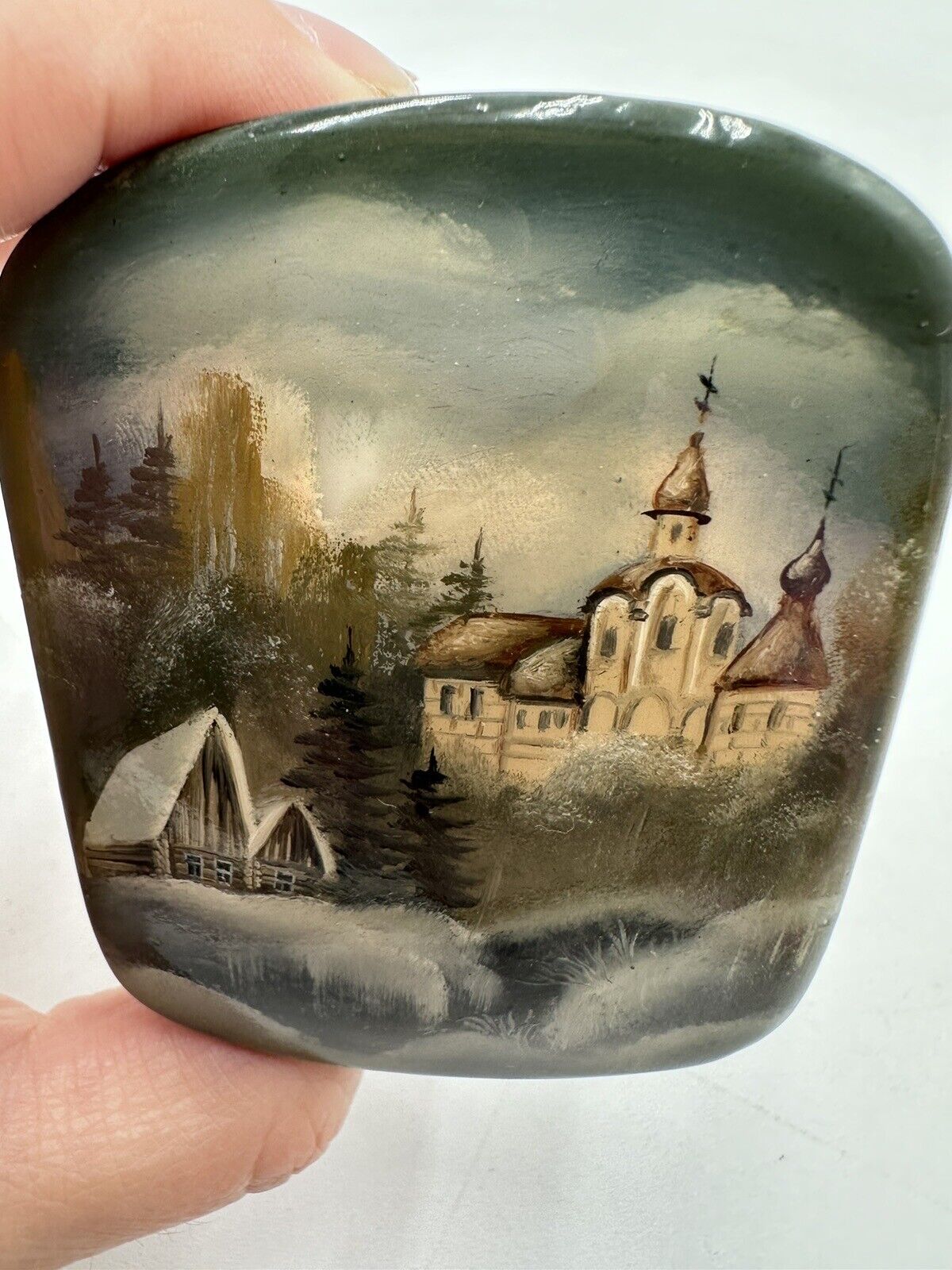 Vintage Russian Lacquer Box Fedoskino winter landscape singed 3”x2.25”x1.35”