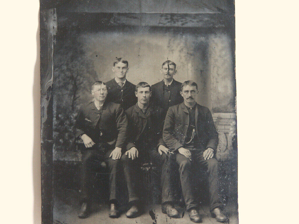 Antique 1890s Tintype Victorian Five Gentlemen American Frontier 