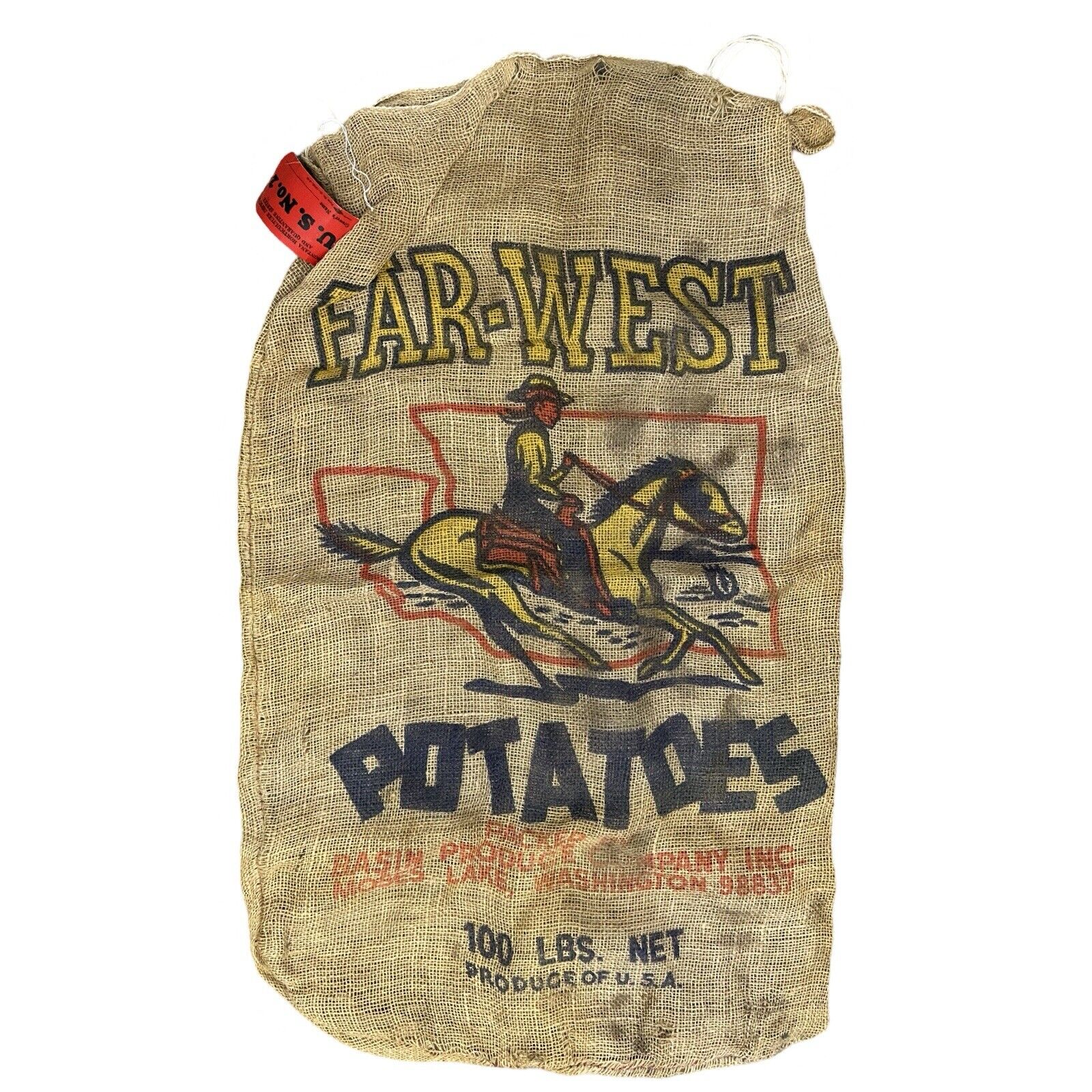 Vintage Far West Washington Potatoes Farmers Finest Burlap Sack Bag Advertising