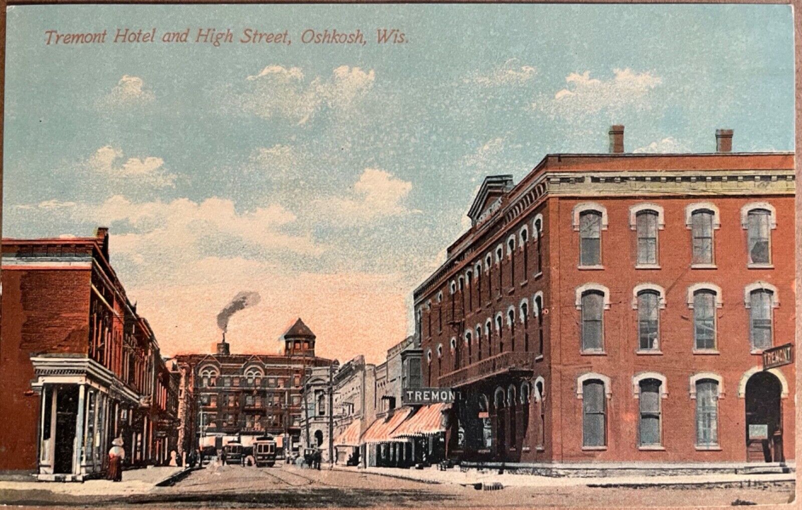 Oshkosh Wisconsin Main Street Tremont Hotel High Street Vintage Postcard c1910