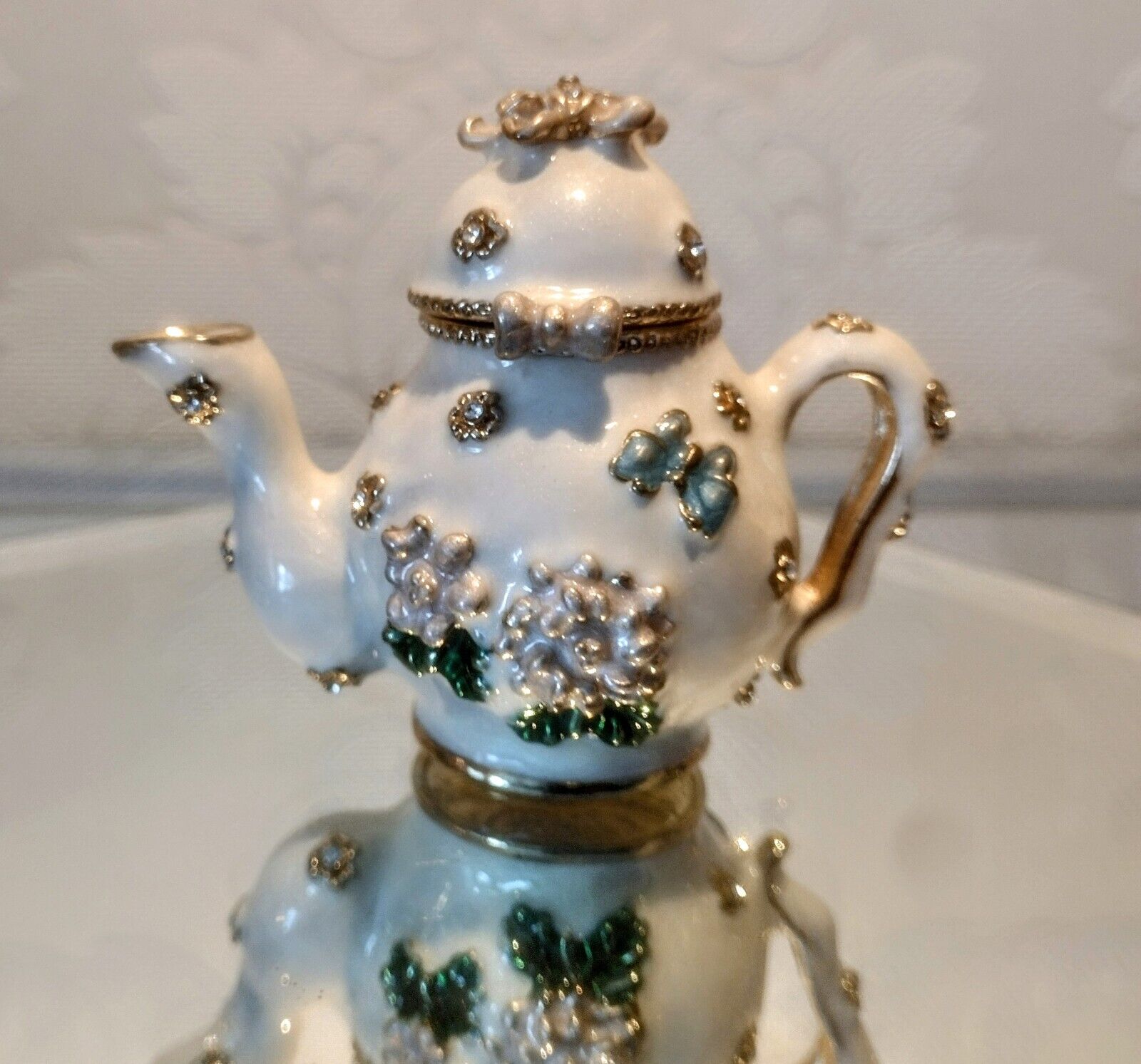 Miniature Floral Enamel Jeweled Rhinestone Teapot Metal Hinge w/ Magnetic Closer