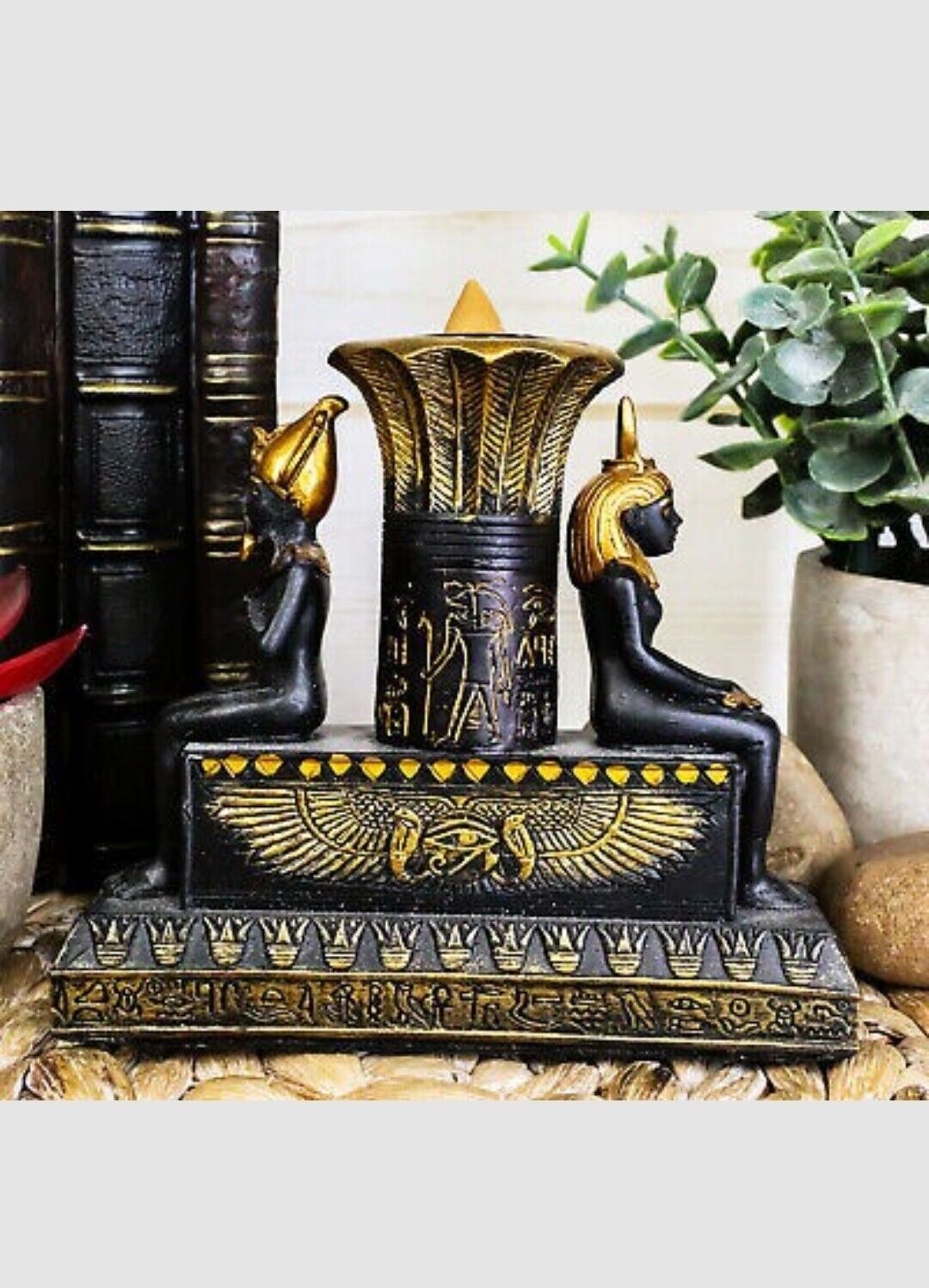 Egyptian Black & Gold Seated Isis & Osiris Pillar Candle Holder - Statue
