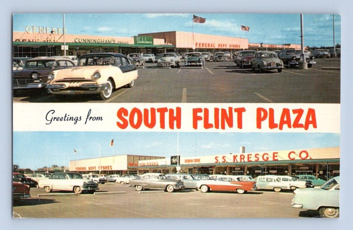 1950\'S. SOUTH FLINT PLAZA, SHOPPING CENTER, FLINT, MICHIGAN. POSTCARD. FX23