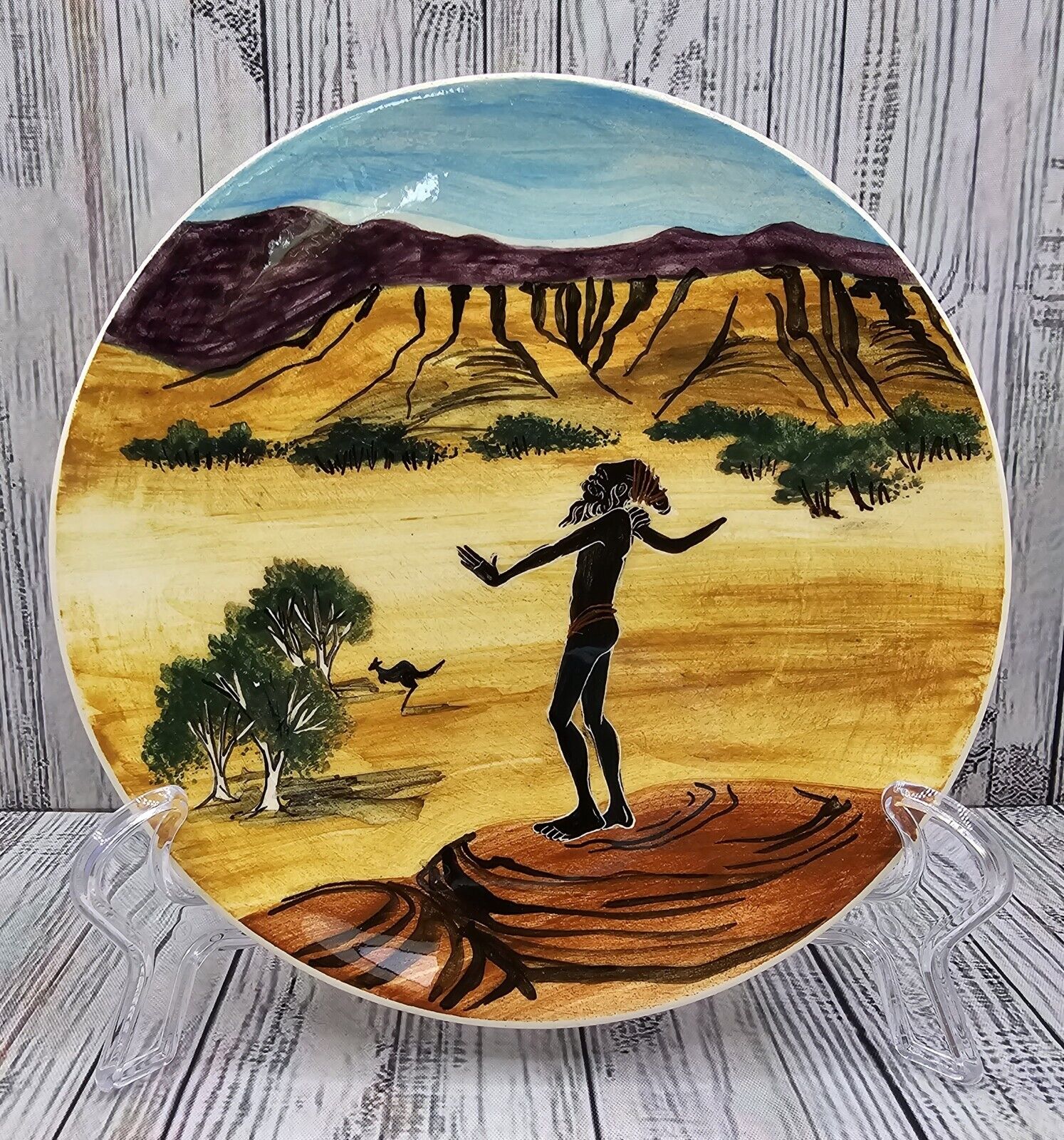 Martin Boyd Hand Painted Display Plate Indigenous Person & Kangaroo Australia