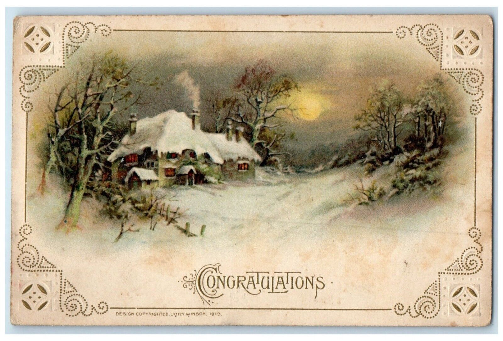 c1910's Congatulations John Winsch Winter House Arist Signed Embossed Postcard