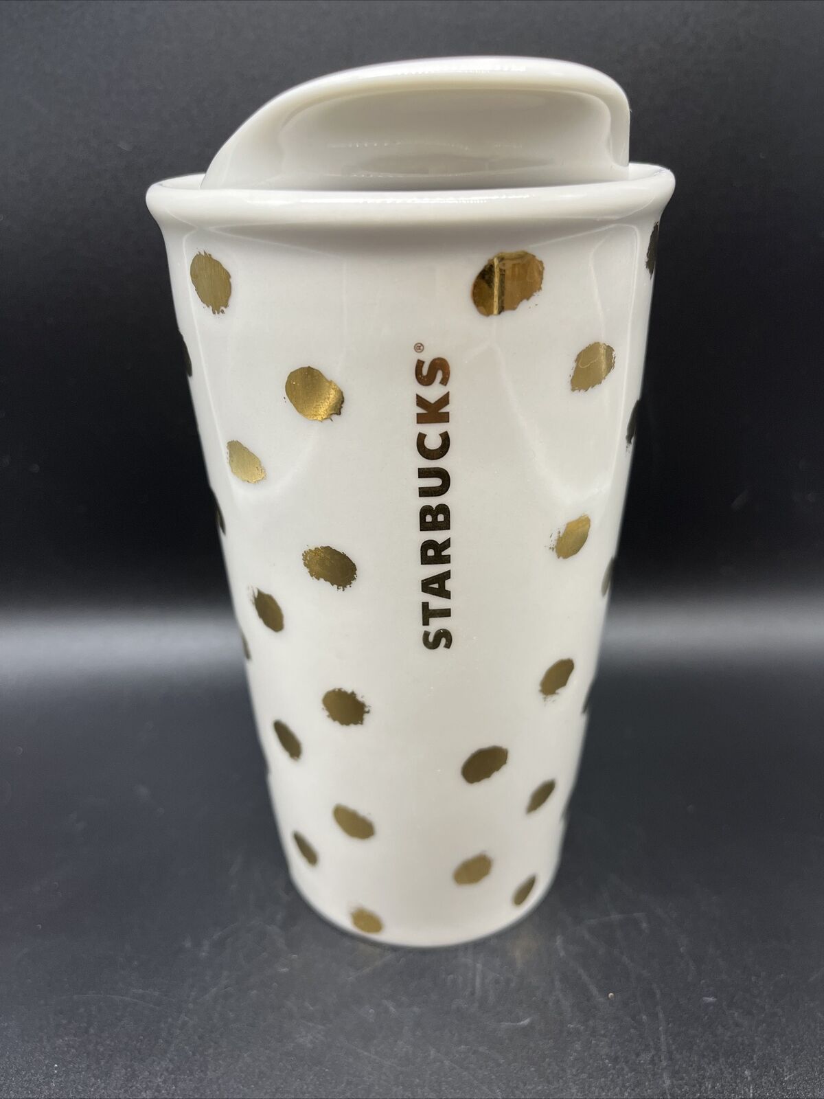 2014 Starbucks Ceramic Gold Polka Dot Collection Travel Mug Tumbler w/ Lid 10 oz