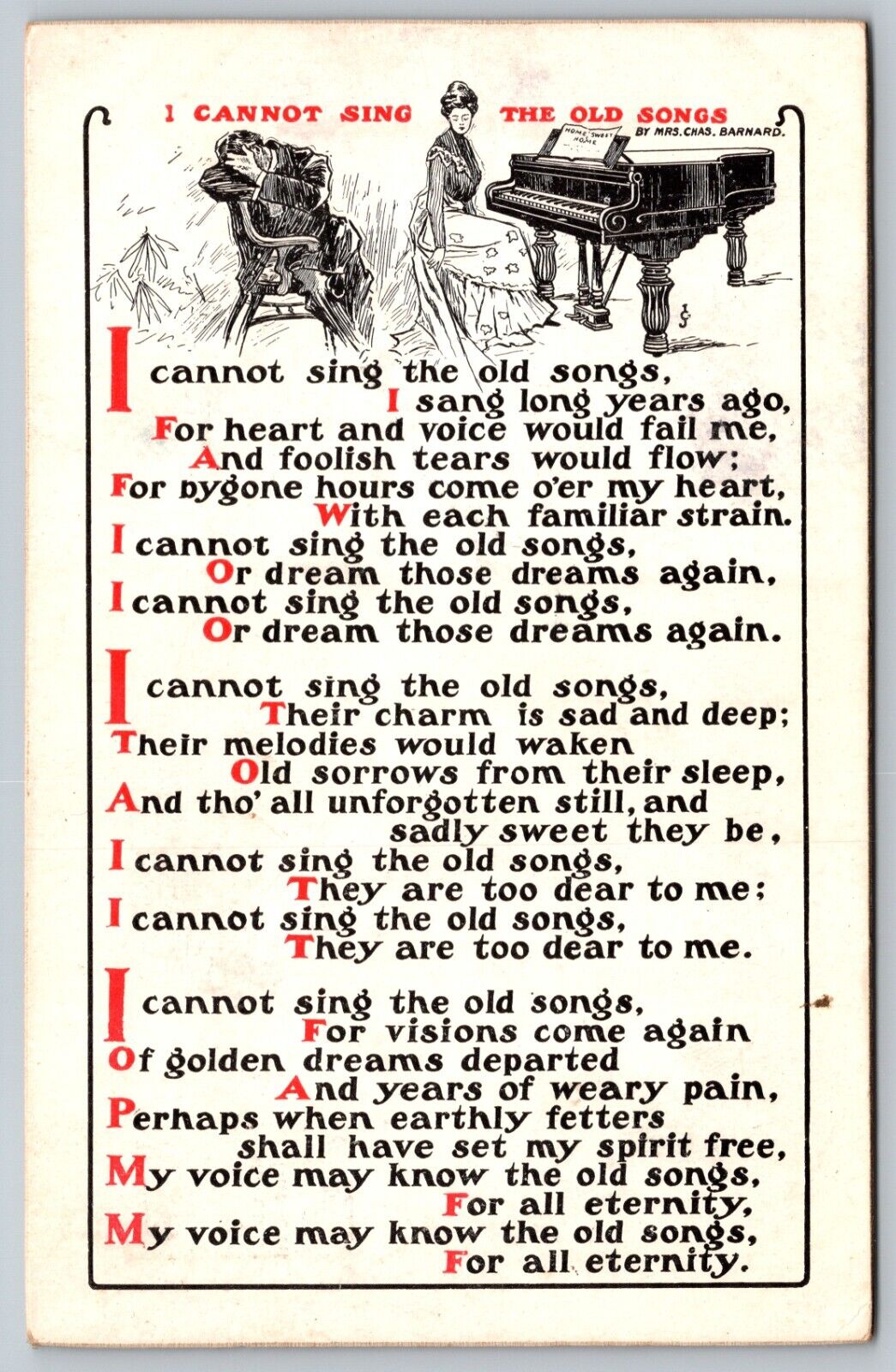 I Can Not Sing the Old Songs Now c1910s Vintage Postcard By Mrs Chas Bernard
