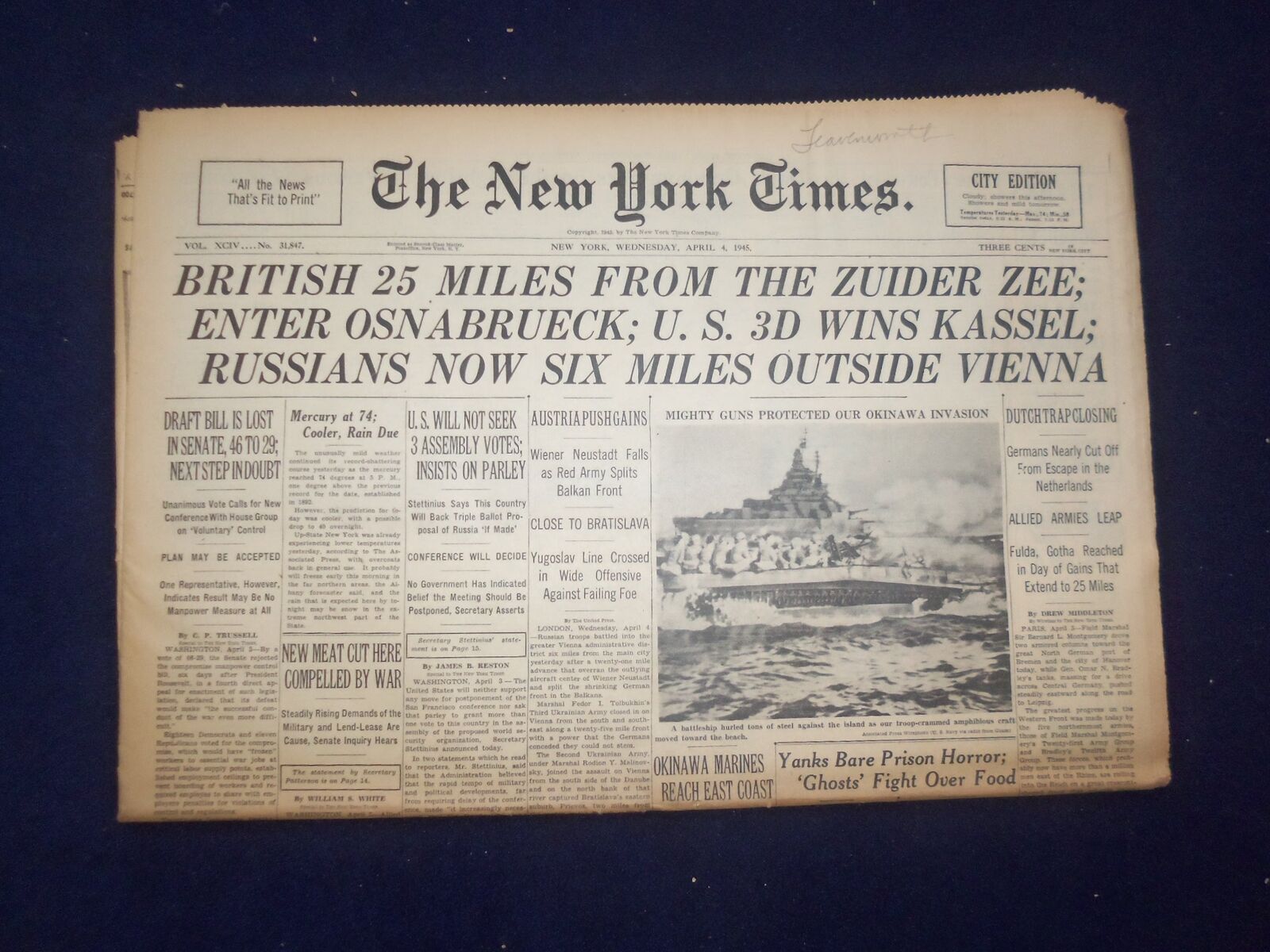 1945 APRIL 4 NEW YORK TIMES - BRITISH 25 MILES FROM THE ZUIDER ZEE - NP 6685