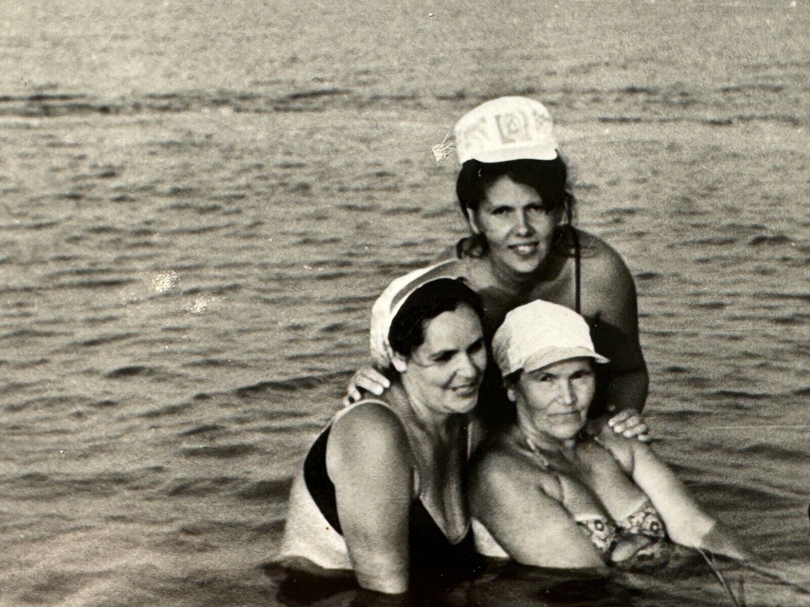 1960s Plus size Three Women Hugging Bikini Sea Snapshot Vintage B&W Photo