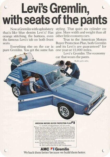 1973 AMC GREMLIN Car & LEVI\'S JEANS Seats *** DECORATIVE REPLICA METAL SIGN ***