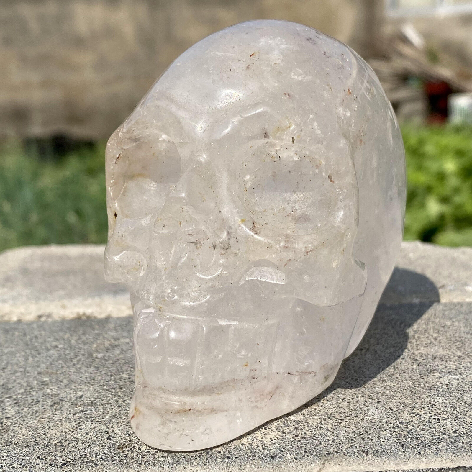 1.68LB Natural clear quartz white crystal Hand Carved Skull reiki Healing