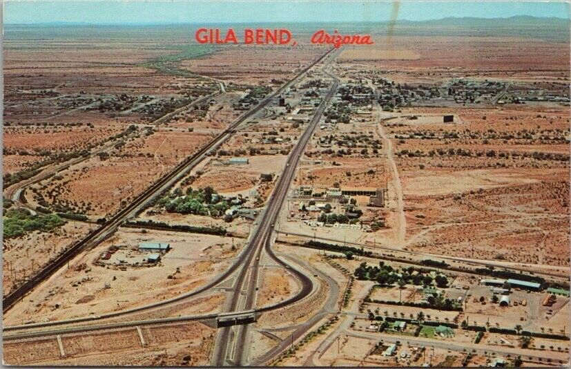 Vintage 1960s GILA BEND, Arizona Postcard Aerial City View Petley Chrome Unused