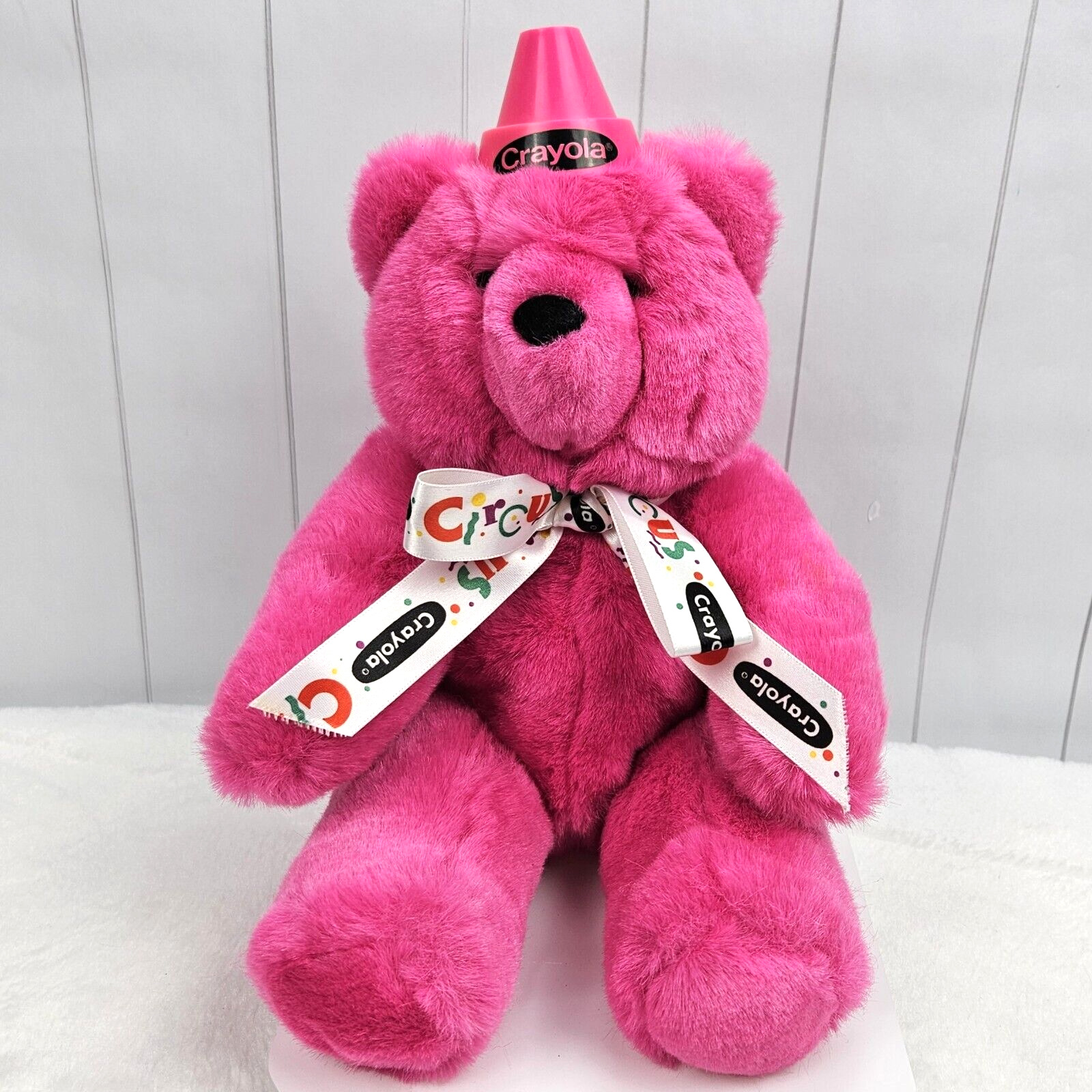 Crayola Perky Pink Teddy Bear Plush Circus White Bow Crayon Hat Vintage Korea