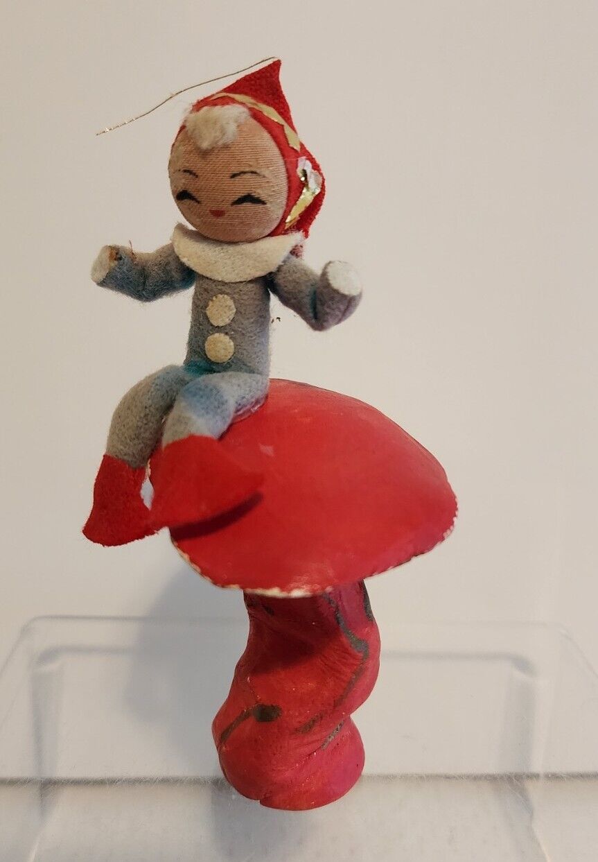 Vintage Nylon/Felt Mini Pixie Elf Sitting on a Handmade Mushroom
