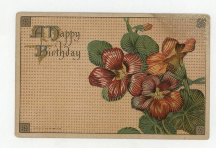 Vintage Birthday Postcard      RED & ORANGE FLOWER PANSY    EMBOSSED    UNPOSTED