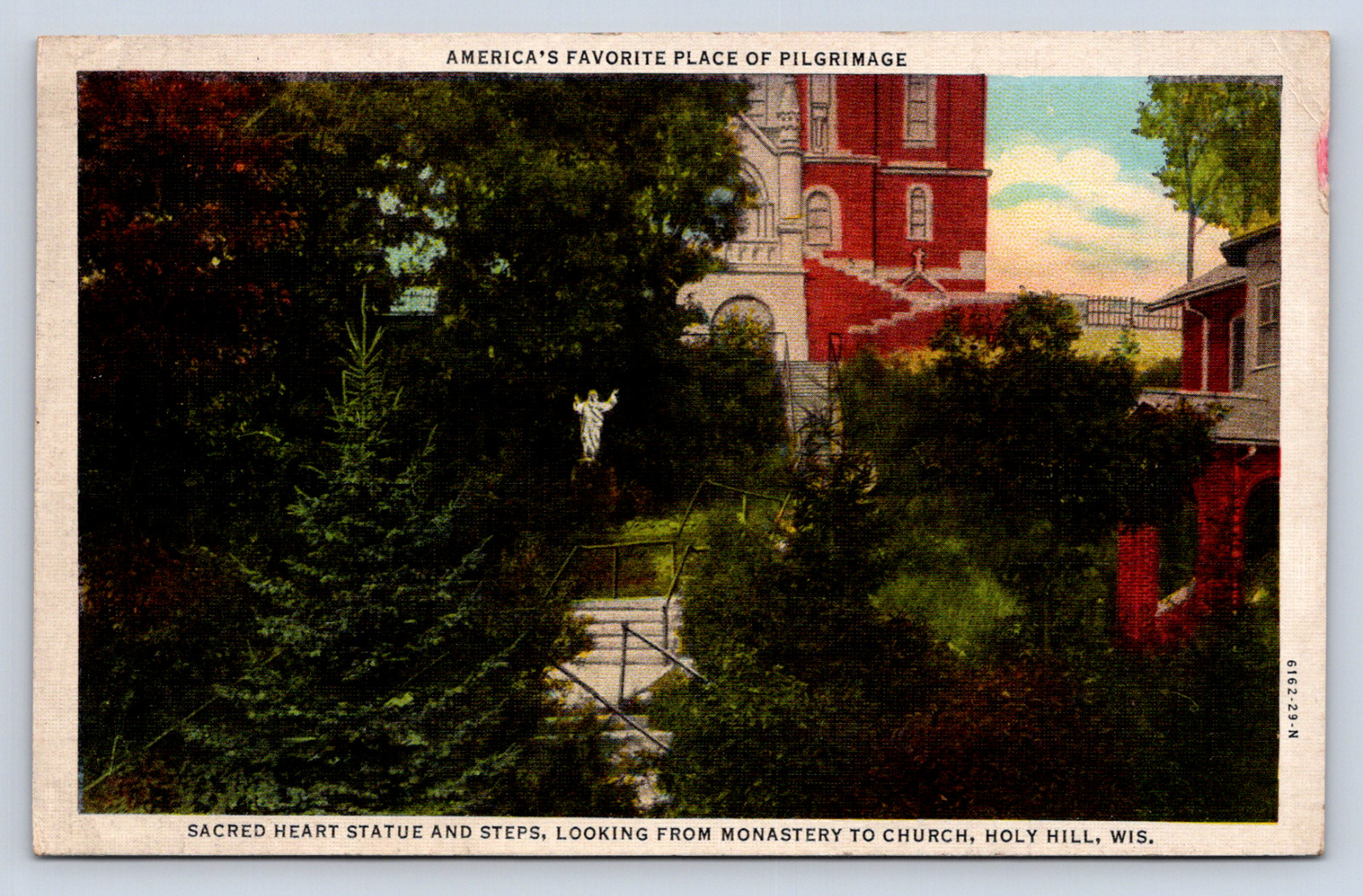Vintage Postcard Holy Hill Wisconsin Sacred Heart Statue Pilgrimage
