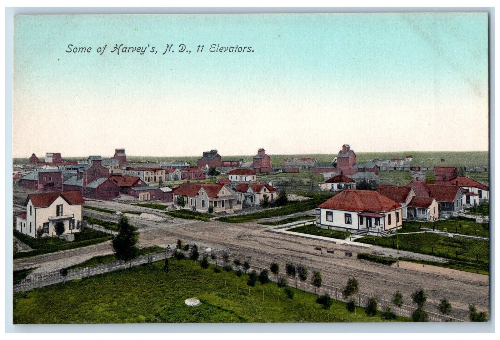 Harvey North Dakota ND Postcard 11 Elevators Aerial View Residence c1920 Antique