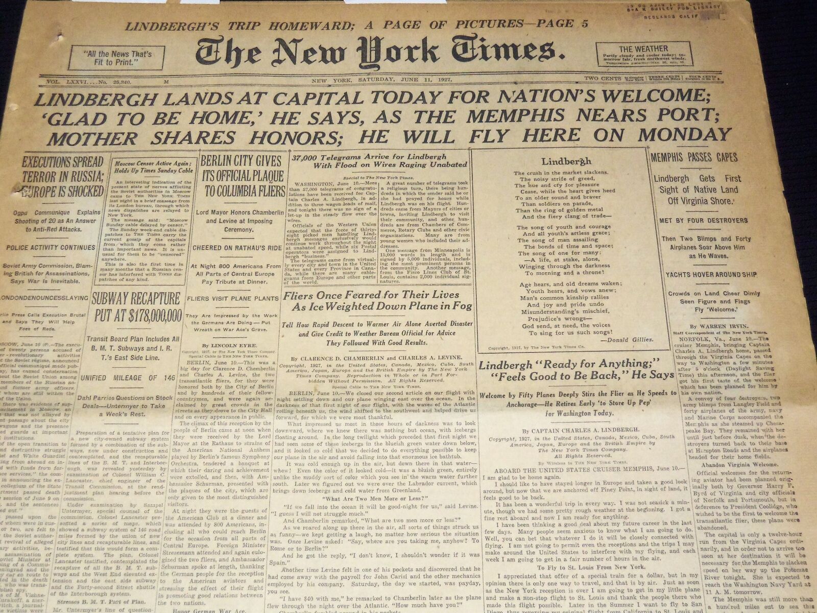 1927 JUNE 11 NEW YORK TIMES NEWSPAPER - LINDBERGH LANDS AT CAPITAL - NT 9549