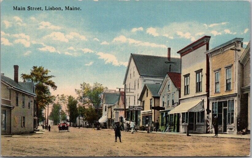 LISBON, Maine Postcard MAIN STREET Downtown Scene - Curteich c1910s Unused