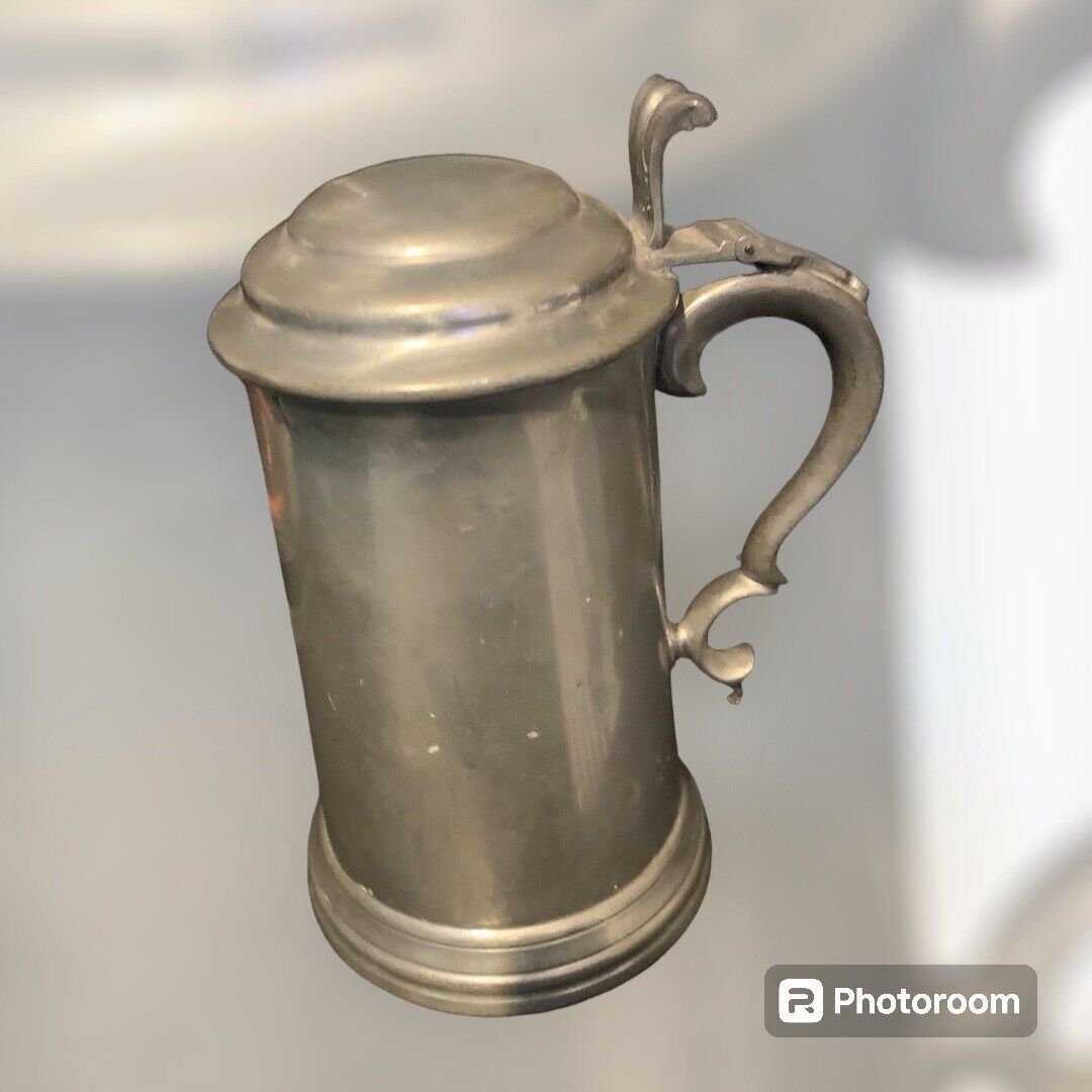 Antique Late 19th Century Pewter Pint Lidded Tankard