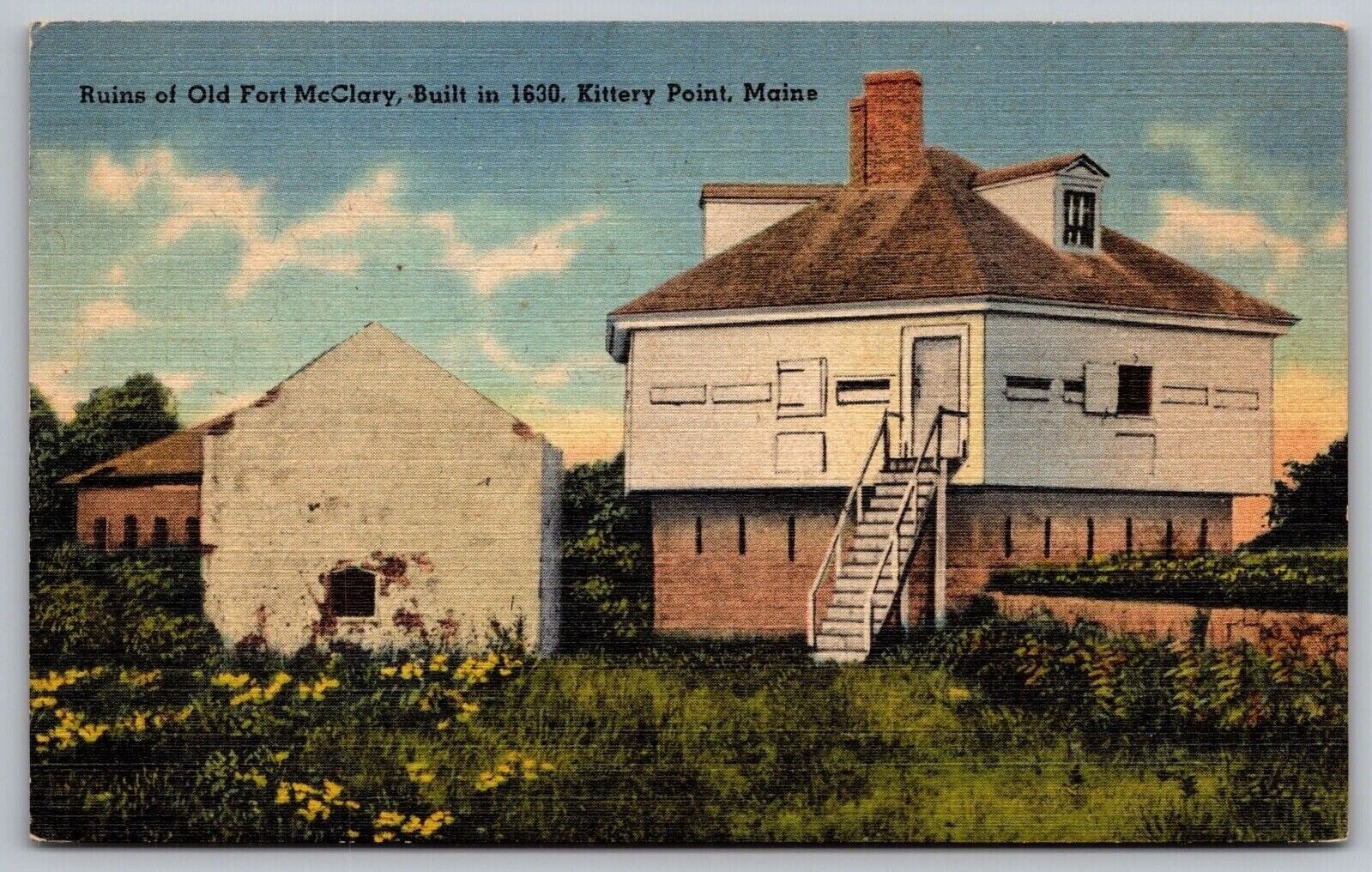 Kittery Point Maine Old Fort McClary Ruins Historic Landmark Linen Postcard
