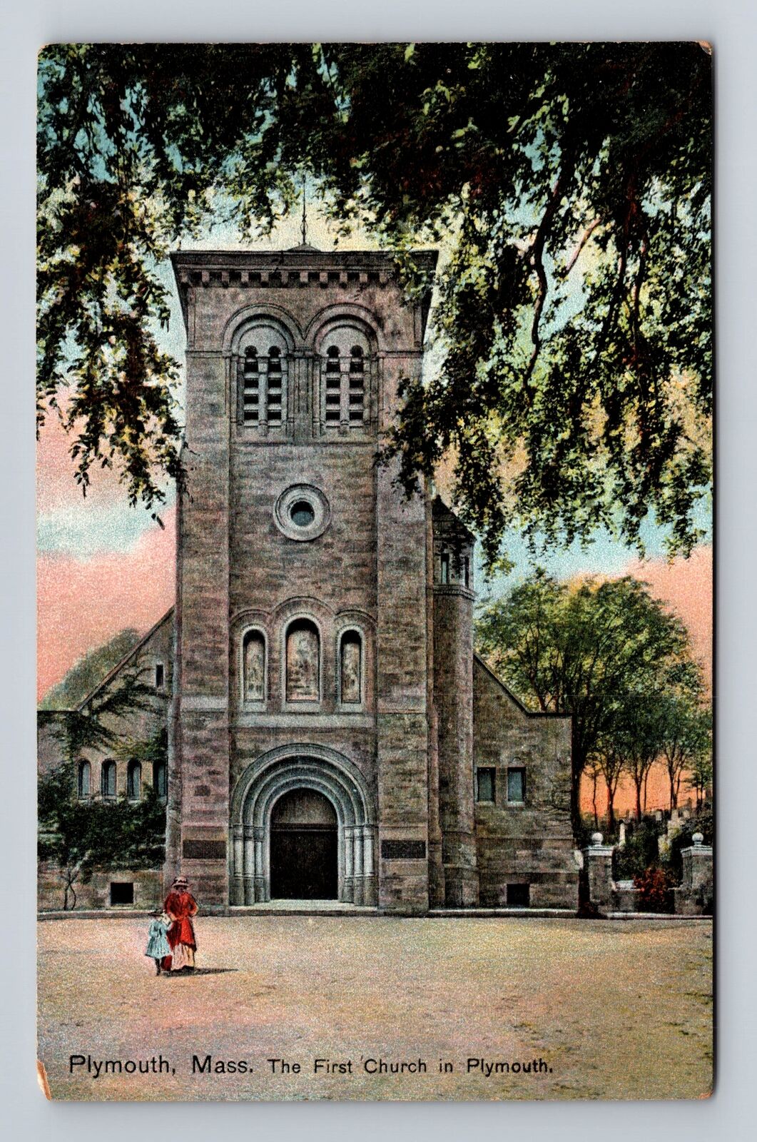 Plymouth MA-Massachusetts, First Church in Plymouth, Antique Vintage Postcard