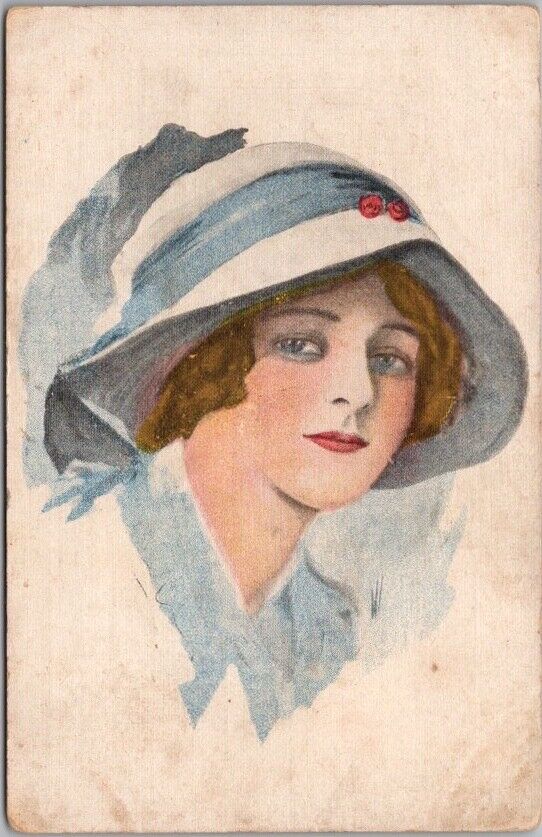 c1900s Pretty Lady Postcard Blue & White Hat / Fashion - Undivided Back UNUSED