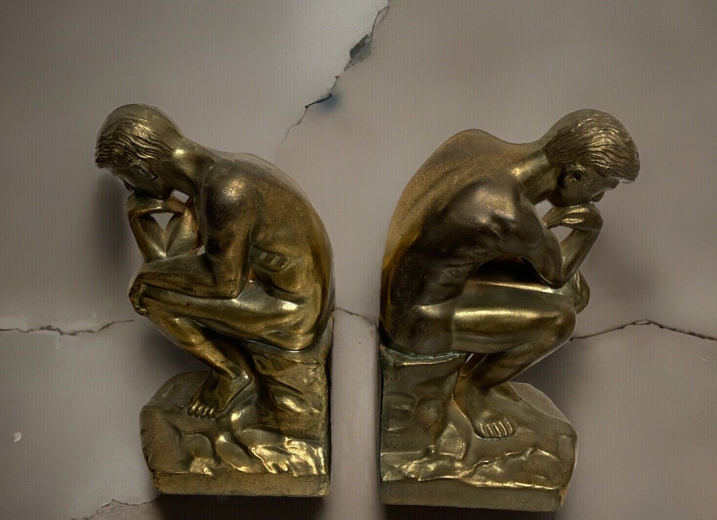 Vtg 1928 NUA Statue THE THINKER Thinking Man Metal Brass MCM Bookends Art Deco