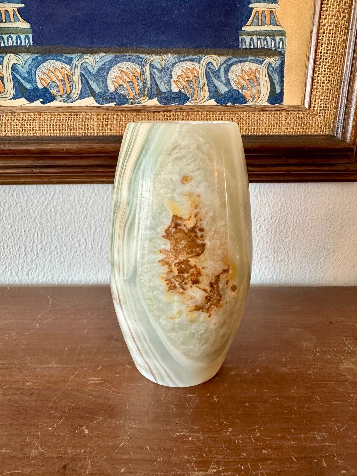 Vintage Hand Carved Solid Onyx Multicolor Vein Cylindrical Glossy Vase