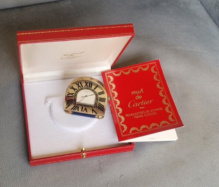 100% Authentic vintage Cartier Paris desk clock,enamel Roman numbers,box,booklet