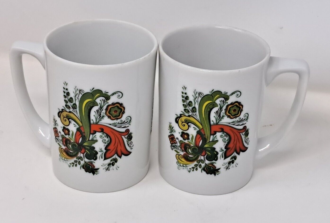 Vintage Set Of 2  Berggren Trayner Ceramic Mugs - 1970s  Rosmaling Floral Design