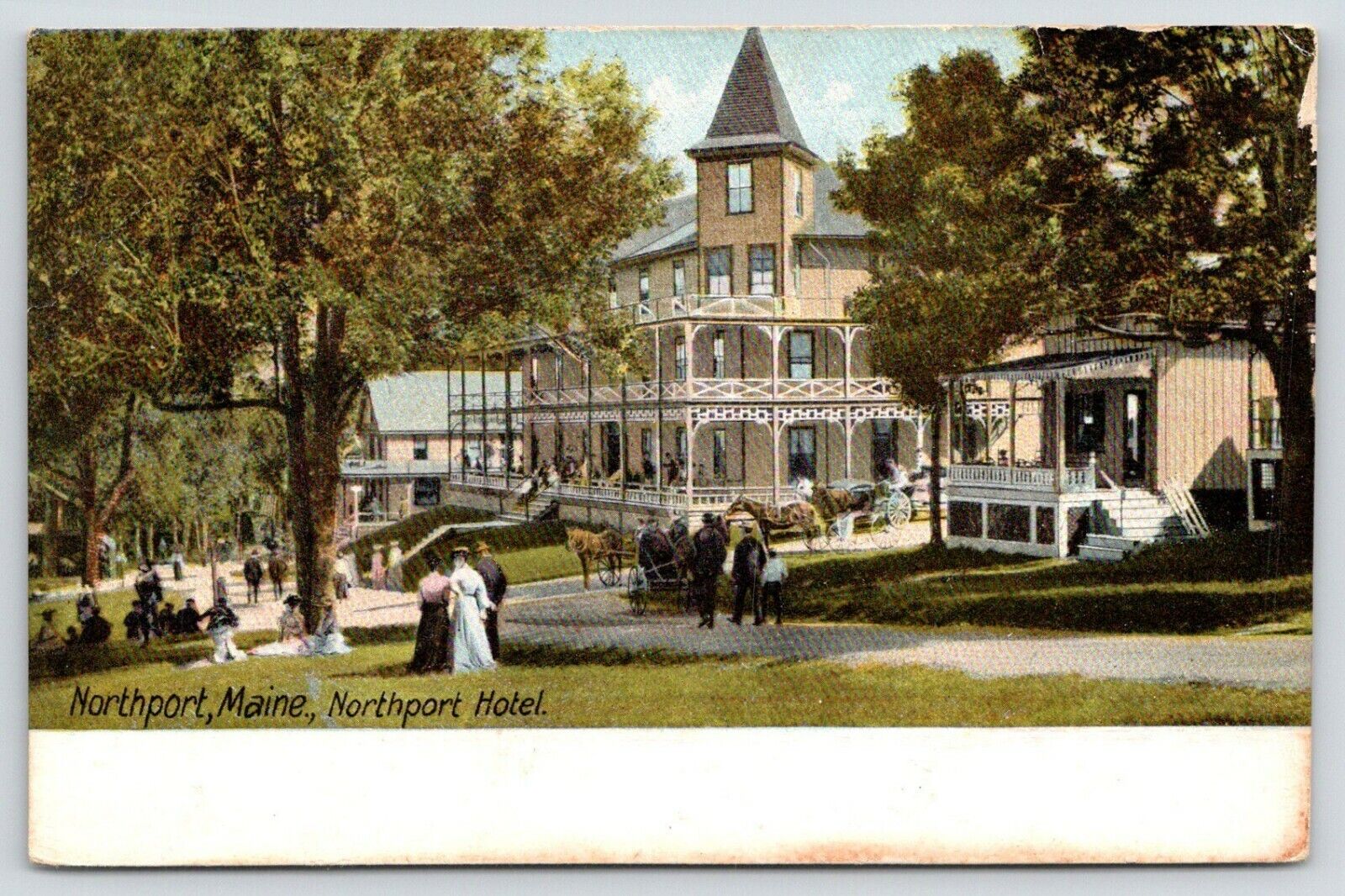 Northport Maine~Resort Hotel~Guests Arrive by Buggy~Two Porches~Lotsa Shade~1909