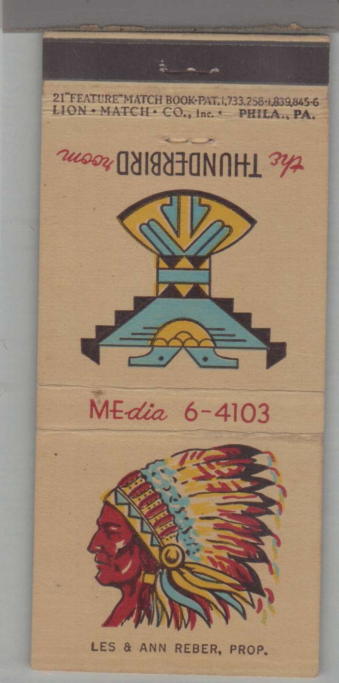 Matchbook Cover - Native American Related The Thunderbird Room Media, PA