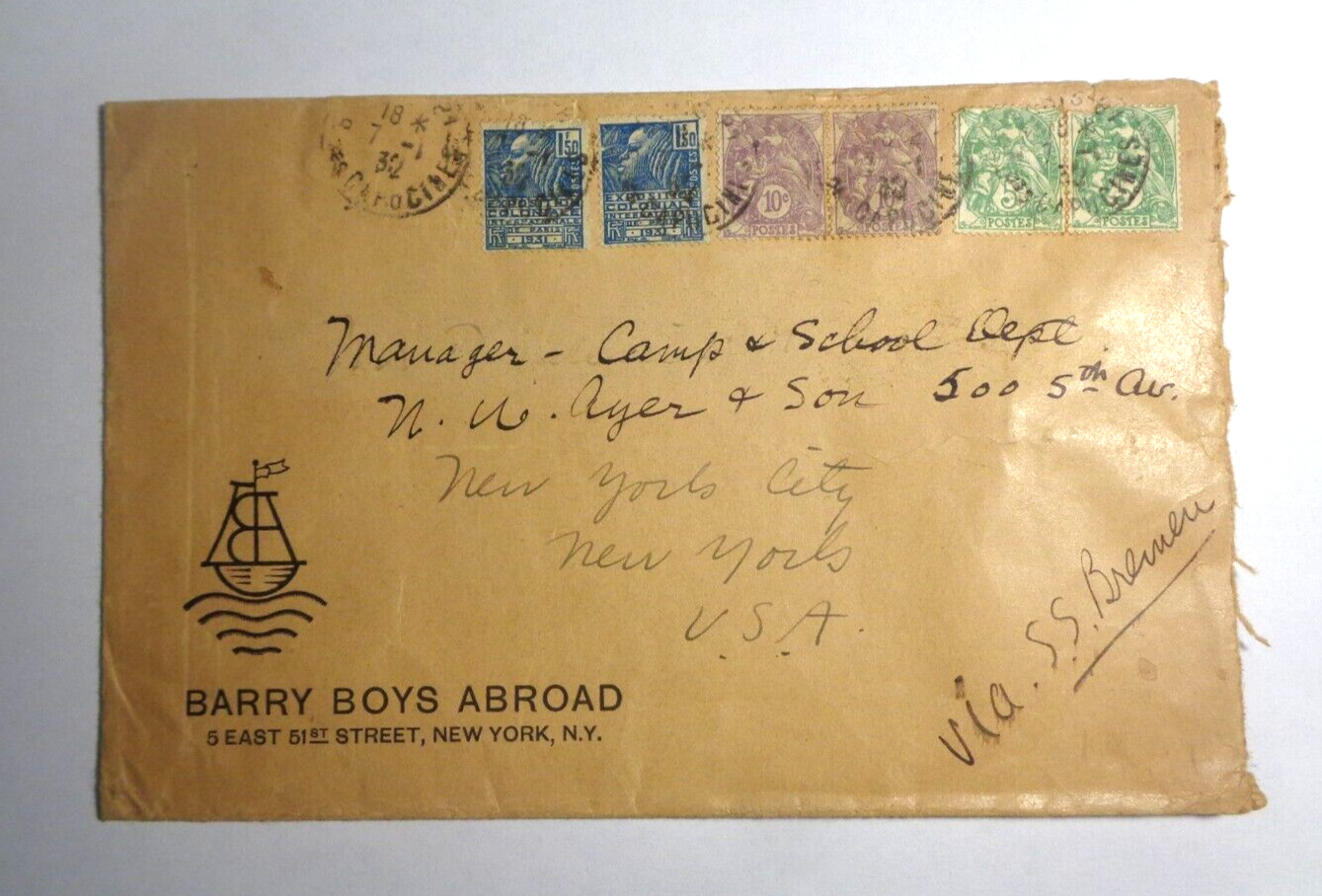 FRANCE TO US COVER Via S.S. BREMEN SHIP.  6 FRENCH STAMPS w/FRANKING. PM 1932.