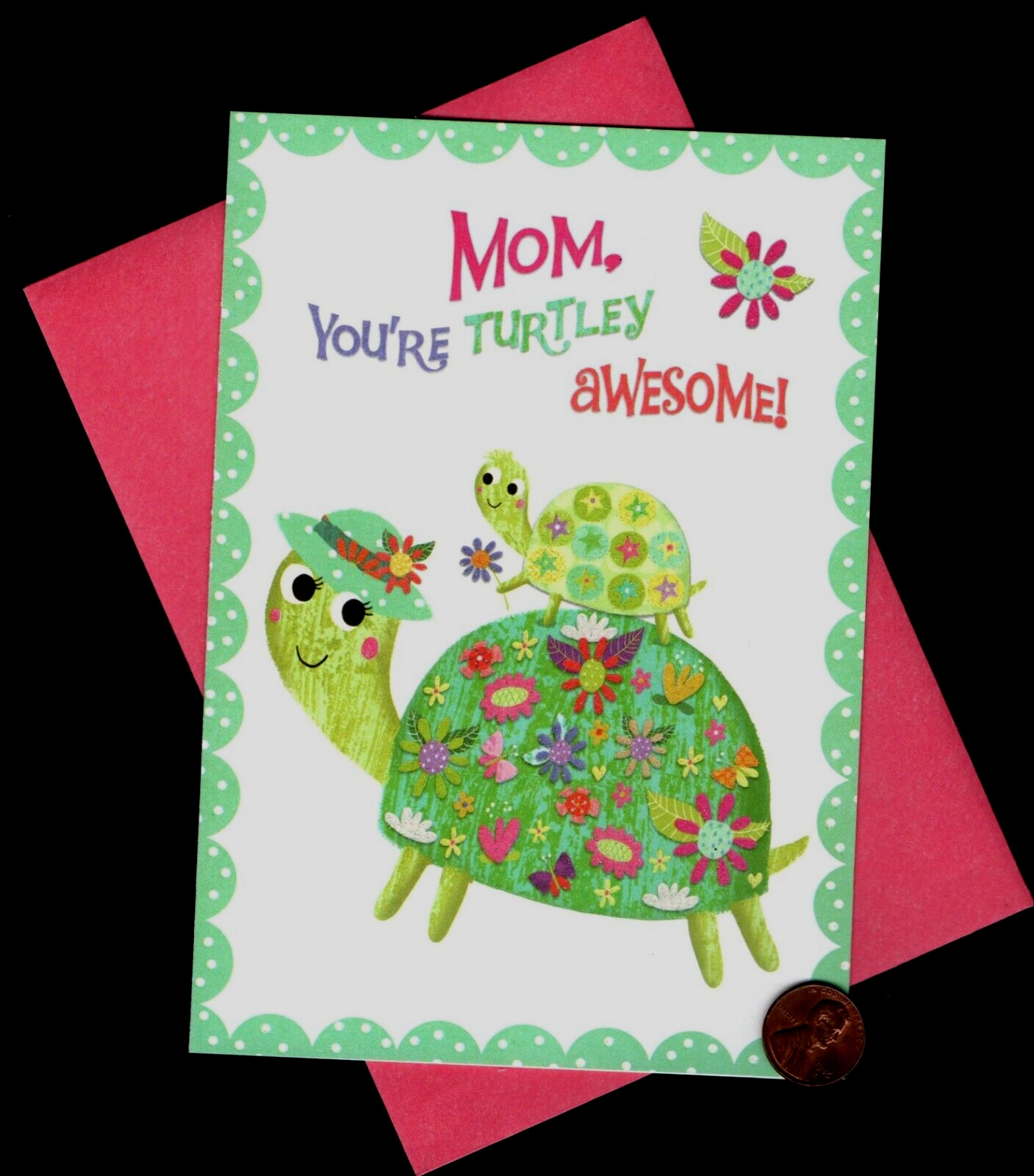 MOTHER\'S DAY Turtles Hat Flowers Shells Flower - GLITTERED - Greeting Card