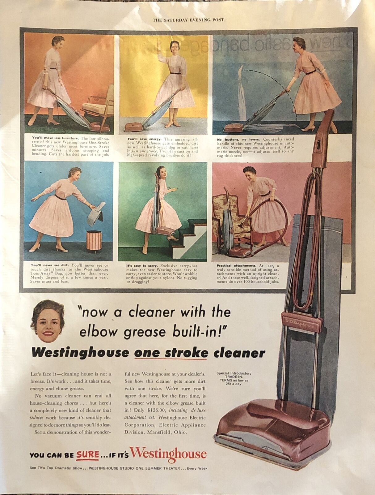 1954 Westinghouse Vacuum One-Stroke Cleaner VTG 1950s 50s PRINT AD Elbow Grease